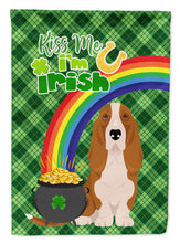 Load image into Gallery viewer, Red and White Tricolor Basset Hound St. Patrick's Garden Flag – "Kiss Me I’m Irish" with Pot of Gold &amp; Rainbow