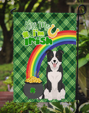 Load image into Gallery viewer, Black and White Border Collie St. Patrick's Garden Flag – "Kiss Me I’m Irish" with Pot of Gold &amp; Rainbow