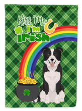 Load image into Gallery viewer, Black and White Border Collie St. Patrick's Garden Flag – "Kiss Me I’m Irish" with Pot of Gold &amp; Rainbow