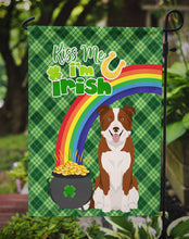Load image into Gallery viewer, Red and White Border Collie St. Patrick's Garden Flag – "Kiss Me I’m Irish" with Pot of Gold &amp; Rainbow