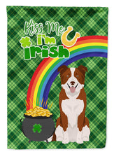 Load image into Gallery viewer, Red and White Border Collie St. Patrick's Garden Flag – "Kiss Me I’m Irish" with Pot of Gold &amp; Rainbow