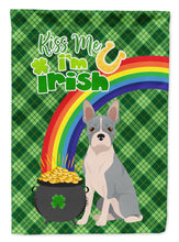 Load image into Gallery viewer, Blue Boston Terrier St. Patrick's Garden Flag – "Kiss Me I’m Irish" with Pot of Gold &amp; Rainbow