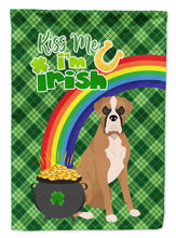 Load image into Gallery viewer, Natural Eared Fawn Boxer St. Patrick's Garden Flag – "Kiss Me I’m Irish" with Pot of Gold &amp; Rainbow