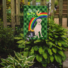 Load image into Gallery viewer, Natural Eared White Boxer St. Patrick's Garden Flag – "Kiss Me I’m Irish" with Pot of Gold &amp; Rainbow