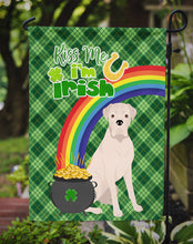 Load image into Gallery viewer, Natural Eared White Boxer St. Patrick's Garden Flag – "Kiss Me I’m Irish" with Pot of Gold &amp; Rainbow