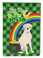 Load image into Gallery viewer, Natural Eared White Boxer St. Patrick's Garden Flag – "Kiss Me I’m Irish" with Pot of Gold &amp; Rainbow