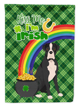Load image into Gallery viewer, Natural Eared Black Boxer St. Patrick's Garden Flag – "Kiss Me I’m Irish" with Pot of Gold &amp; Rainbow