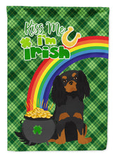 Load image into Gallery viewer, Black and Tan Cavalier Spaniel St. Patrick's Garden Flag – "Kiss Me I’m Irish" with Pot of Gold &amp; Rainbow
