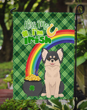 Load image into Gallery viewer, Longhaired Black and White Chihuahua St. Patrick's Garden Flag – "Kiss Me I’m Irish" with Pot of Gold &amp; Rainbow