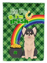 Load image into Gallery viewer, Longhaired Black and White Chihuahua St. Patrick's Garden Flag – "Kiss Me I’m Irish" with Pot of Gold &amp; Rainbow