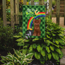 Load image into Gallery viewer, Longhaired Chocolate and Tan Chihuahua St. Patrick's Garden Flag – "Kiss Me I’m Irish" with Pot of Gold &amp; Rainbow