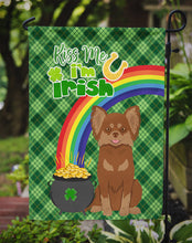 Load image into Gallery viewer, Longhaired Chocolate and Tan Chihuahua St. Patrick's Garden Flag – "Kiss Me I’m Irish" with Pot of Gold &amp; Rainbow