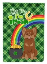 Load image into Gallery viewer, Longhaired Chocolate and Tan Chihuahua St. Patrick's Garden Flag – "Kiss Me I’m Irish" with Pot of Gold &amp; Rainbow