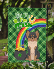 Load image into Gallery viewer, Longhaired Black and Tan Chihuahua St. Patrick's Garden Flag – "Kiss Me I’m Irish" with Pot of Gold &amp; Rainbow