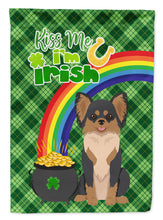 Load image into Gallery viewer, Longhaired Black and Tan Chihuahua St. Patrick's Garden Flag – "Kiss Me I’m Irish" with Pot of Gold &amp; Rainbow