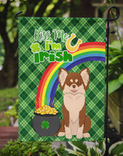 Load image into Gallery viewer, Longhaired Chocolate and White Chihuahua St. Patrick's Garden Flag – "Kiss Me I’m Irish" with Pot of Gold &amp; Rainbow