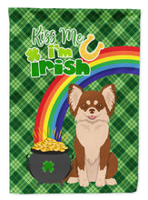 Load image into Gallery viewer, Longhaired Chocolate and White Chihuahua St. Patrick's Garden Flag – "Kiss Me I’m Irish" with Pot of Gold &amp; Rainbow