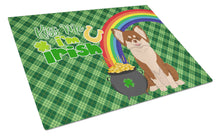 Load image into Gallery viewer, Longhaired Chocolate and White Chihuahua St. Patrick's Day Glass Cutting Boards – Durable, Decorative Kitchen Art Large