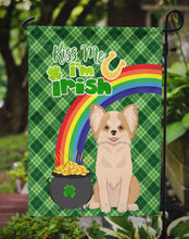 Load image into Gallery viewer, Longhaired Gold and White Chihuahua St. Patrick's Garden Flag – "Kiss Me I’m Irish" with Pot of Gold &amp; Rainbow