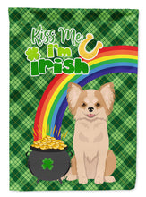 Load image into Gallery viewer, Longhaired Gold and White Chihuahua St. Patrick's Garden Flag – "Kiss Me I’m Irish" with Pot of Gold &amp; Rainbow