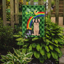Load image into Gallery viewer, Longhaired Black and White #2 Chihuahua St. Patrick's Garden Flag – "Kiss Me I’m Irish" with Pot of Gold &amp; Rainbow