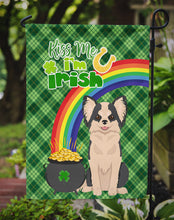 Load image into Gallery viewer, Longhaired Black and White #2 Chihuahua St. Patrick's Garden Flag – "Kiss Me I’m Irish" with Pot of Gold &amp; Rainbow