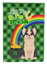 Load image into Gallery viewer, Longhaired Black and White #2 Chihuahua St. Patrick's Garden Flag – "Kiss Me I’m Irish" with Pot of Gold &amp; Rainbow