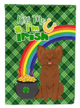 Load image into Gallery viewer, Longhaired Chocolate Chihuahua St. Patrick's Garden Flag – "Kiss Me I’m Irish" with Pot of Gold &amp; Rainbow