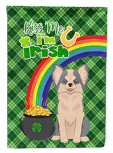 Load image into Gallery viewer, Longhaired Blue and White Chihuahua St. Patrick's Garden Flag – "Kiss Me I’m Irish" with Pot of Gold &amp; Rainbow