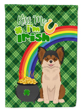 Load image into Gallery viewer, Longhaired Black and Red Chihuahua St. Patrick's Garden Flag – "Kiss Me I’m Irish" with Pot of Gold &amp; Rainbow