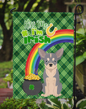 Load image into Gallery viewer, Blue and White Chihuahua St. Patrick's Garden Flag – "Kiss Me I’m Irish" with Pot of Gold &amp; Rainbow