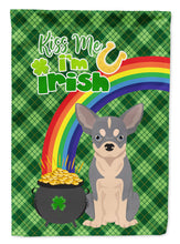 Load image into Gallery viewer, Blue and White Chihuahua St. Patrick's Garden Flag – "Kiss Me I’m Irish" with Pot of Gold &amp; Rainbow