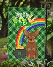 Load image into Gallery viewer, Chocolate and Tan Chihuahua St. Patrick's Garden Flag – "Kiss Me I’m Irish" with Pot of Gold &amp; Rainbow