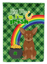 Load image into Gallery viewer, Chocolate and Tan Chihuahua St. Patrick's Garden Flag – "Kiss Me I’m Irish" with Pot of Gold &amp; Rainbow