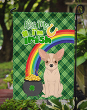 Load image into Gallery viewer, Fawn and White Chihuahua St. Patrick's Garden Flag – "Kiss Me I’m Irish" with Pot of Gold &amp; Rainbow