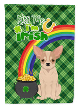 Load image into Gallery viewer, Fawn and White Chihuahua St. Patrick's Garden Flag – "Kiss Me I’m Irish" with Pot of Gold &amp; Rainbow
