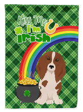Load image into Gallery viewer, Longhair Red Pedbald Dachshund St. Patrick's Garden Flag – "Kiss Me I’m Irish" with Pot of Gold &amp; Rainbow