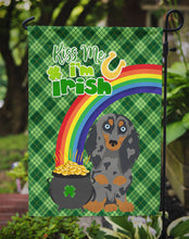 Load image into Gallery viewer, Longhair Blue and Tan Dapple Dachshund St. Patrick's Garden Flag – "Kiss Me I’m Irish" with Pot of Gold &amp; Rainbow