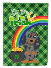Load image into Gallery viewer, Longhair Blue and Tan Dapple Dachshund St. Patrick's Garden Flag – "Kiss Me I’m Irish" with Pot of Gold &amp; Rainbow