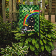 Load image into Gallery viewer, Longhair Black and Cream Dachshund St. Patrick's Garden Flag – "Kiss Me I’m Irish" with Pot of Gold &amp; Rainbow