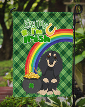 Load image into Gallery viewer, Longhair Black and Cream Dachshund St. Patrick's Garden Flag – "Kiss Me I’m Irish" with Pot of Gold &amp; Rainbow