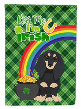 Load image into Gallery viewer, Longhair Black and Cream Dachshund St. Patrick's Garden Flag – "Kiss Me I’m Irish" with Pot of Gold &amp; Rainbow