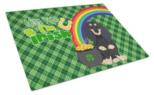 Load image into Gallery viewer, Longhair Black and Cream Dachshund St. Patrick's Day Glass Cutting Boards – Durable, Decorative Kitchen Art Large