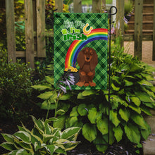 Load image into Gallery viewer, Longhair Chocolate and Tan Dachshund St. Patrick's Garden Flag – "Kiss Me I’m Irish" with Pot of Gold &amp; Rainbow