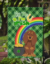 Load image into Gallery viewer, Longhair Chocolate and Tan Dachshund St. Patrick's Garden Flag – "Kiss Me I’m Irish" with Pot of Gold &amp; Rainbow