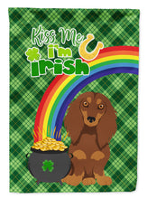 Load image into Gallery viewer, Longhair Chocolate and Tan Dachshund St. Patrick's Garden Flag – "Kiss Me I’m Irish" with Pot of Gold &amp; Rainbow