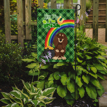 Load image into Gallery viewer, Longhair Chocolate and Cream Dachshund St. Patrick's Garden Flag – "Kiss Me I’m Irish" with Pot of Gold &amp; Rainbow