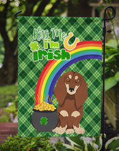 Load image into Gallery viewer, Longhair Chocolate and Cream Dachshund St. Patrick's Garden Flag – "Kiss Me I’m Irish" with Pot of Gold &amp; Rainbow