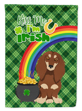 Load image into Gallery viewer, Longhair Chocolate and Cream Dachshund St. Patrick's Garden Flag – "Kiss Me I’m Irish" with Pot of Gold &amp; Rainbow