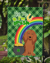 Load image into Gallery viewer, Longhair Red Dachshund St. Patrick's Garden Flag – "Kiss Me I’m Irish" with Pot of Gold &amp; Rainbow